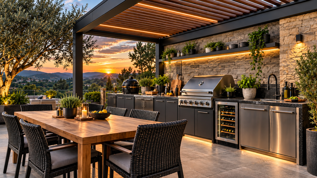 Cozinha exterior premium com BBQ e pérgula ao pôr do sol
